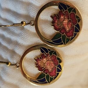 Gold-Tone Floral Enamel Hoop Drop Earrings - Pink & Blue